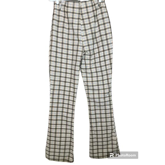 Prettylittlething Beige Plaid Side Zip Up Flare Bootcut Dress Pants Size 8 - Picture 3 of 7